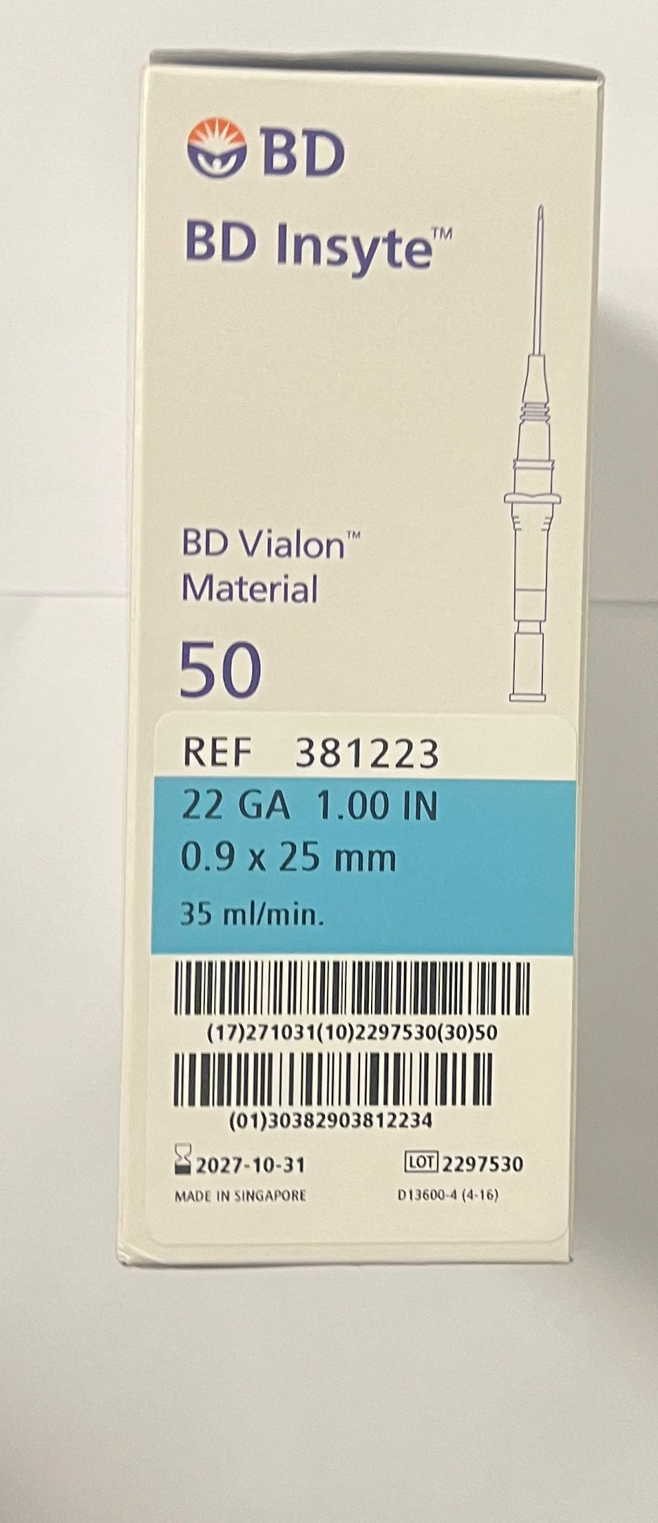 BD Insyte™ IV Catheter 22G × 1" (0.9 mm × 25 mm) – BD Vialon™ – 381223