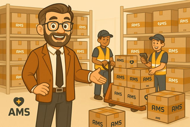 Meneer AMS laat zien hoe er te werk gaat in het magazijn.