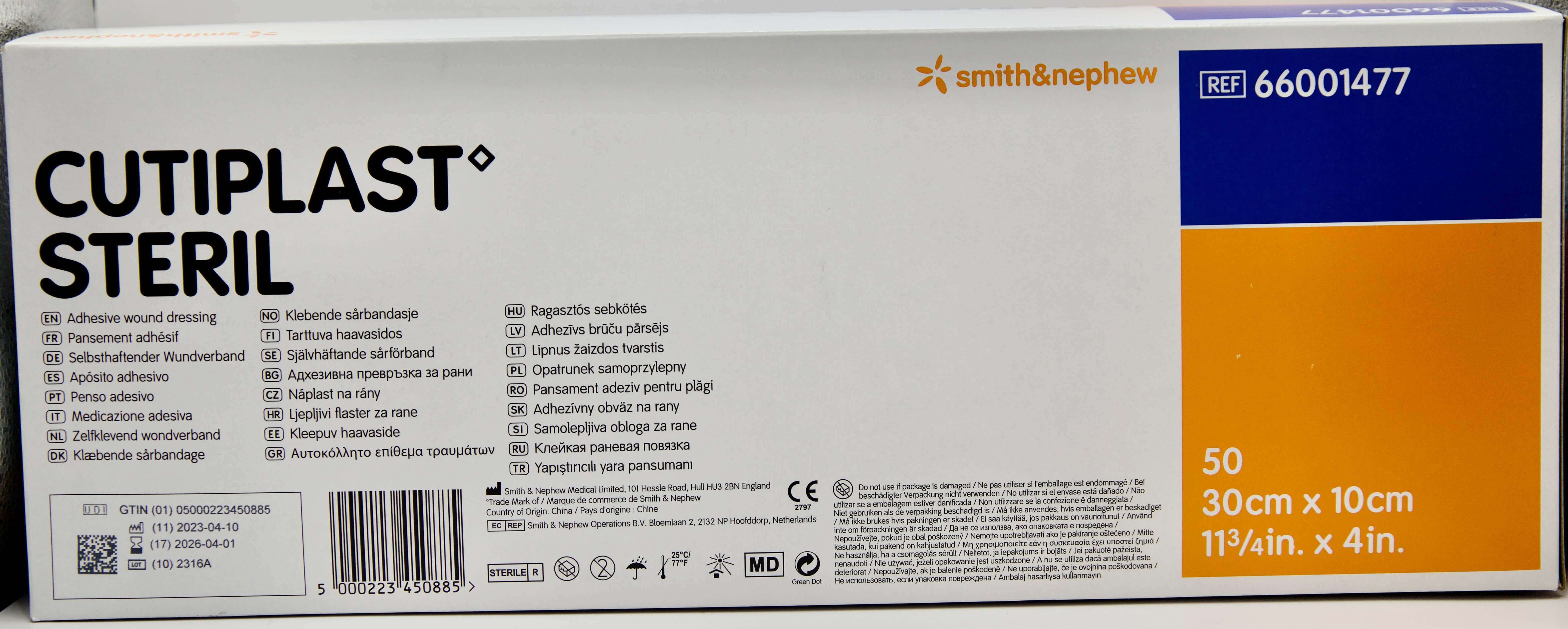 Smith &amp; Nephew - Cutiplast Steril - 30 cm x 10 cm - 66001477