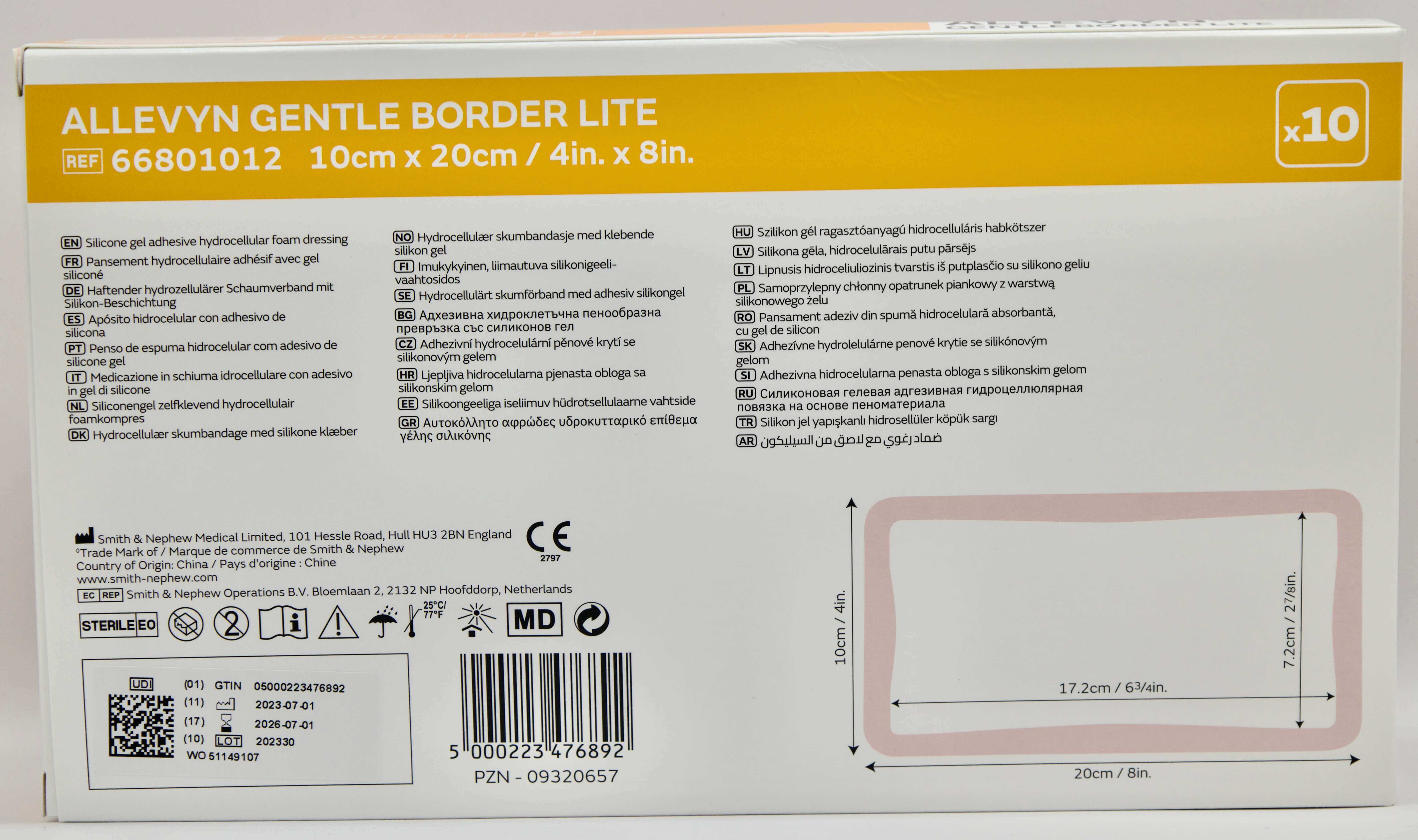 Smith &amp; Nephew - Allevyn Gentle Border Lite - 10 cm x 20 cm - 66801012