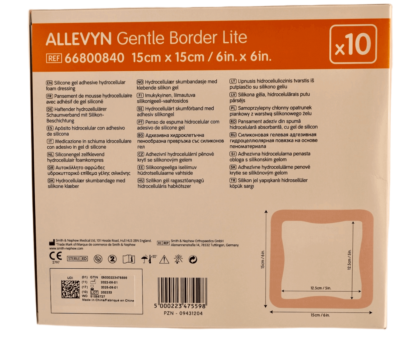 Smith &amp; Nephew - Allevyn Gentle Border Lite - 15 cm x 15 cm - 10 pcs per box - 66800840