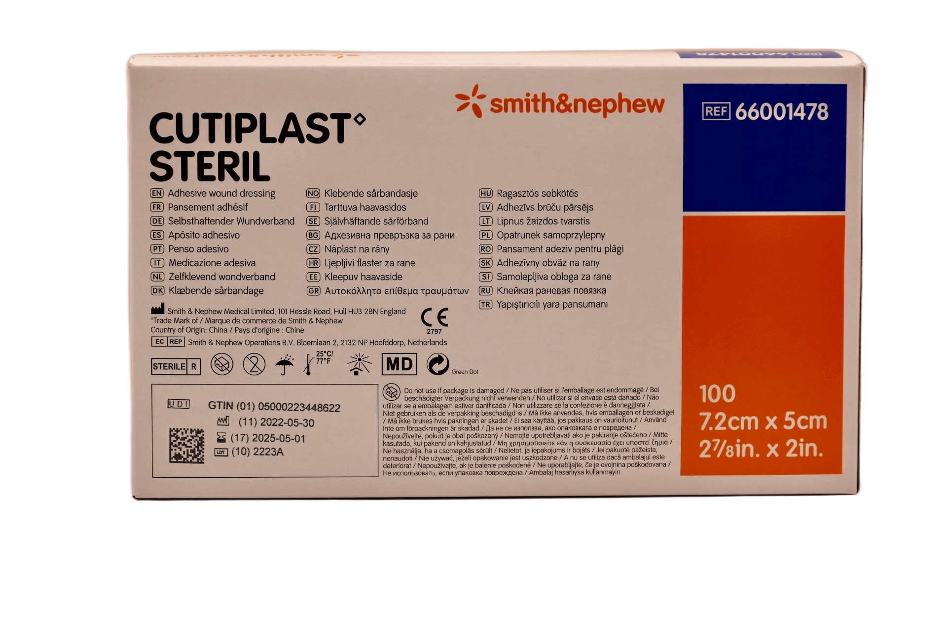 Smith &amp; Nephew - Cutiplast Steril - 7,2 cm x 5 cm - 100 Stück pro Karton - 66001478